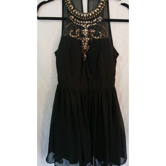 B. Darlin Junior/Womens Black And Gold High Neck Beaded Skater Dress Size 1/2 - Picture 2 of 16